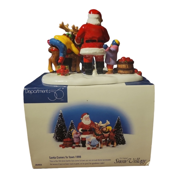 Vtg 99 Dept 56 Snow Village Santa Comes to Town #54958 w/Bx Reindeer Apples Kids - Picture 9 of 14